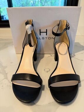 Halston Heritage Black Leather Ankle-Strap Block Heel Sandals